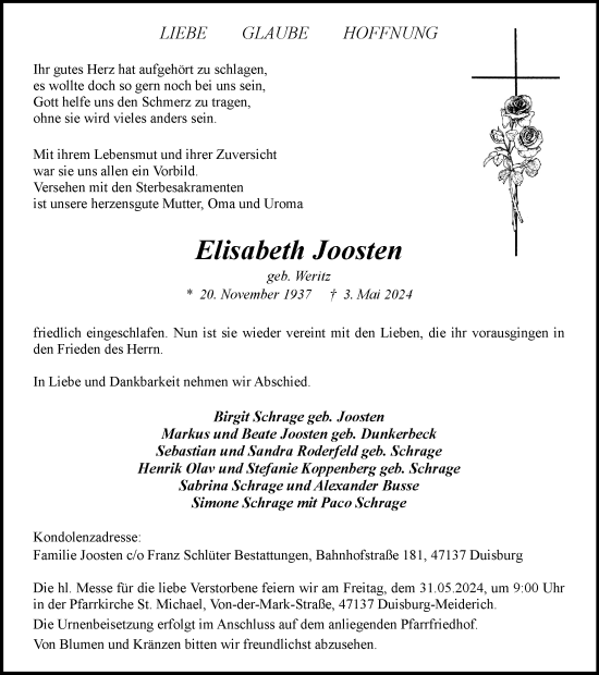 Traueranzeige von Elisabeth Joosten von Tageszeitung