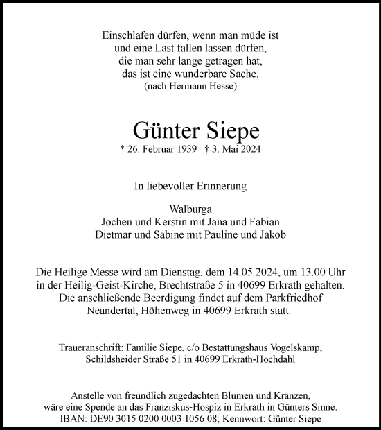 Traueranzeige von Günter Siepe von Tageszeitung
