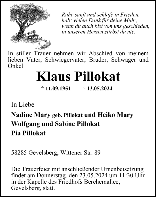 Traueranzeige von Klaus Pillokat von Tageszeitung