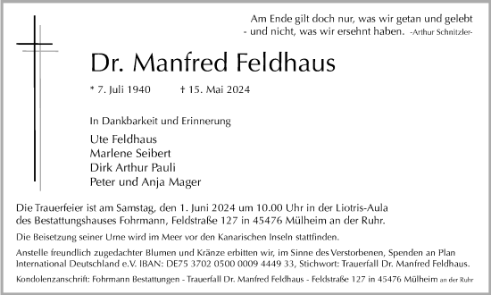 Traueranzeige von Manfred Feldhaus von Tageszeitung