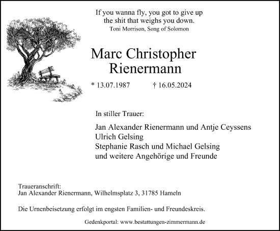 Traueranzeige von Marc Christopher Rienermann von Tageszeitung