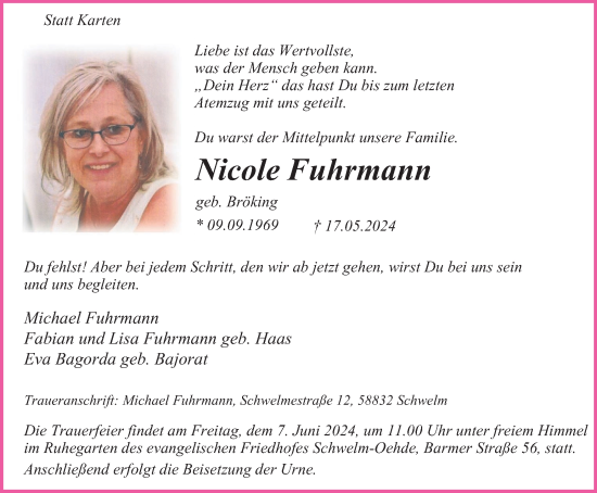 Traueranzeige von Nicole Fuhrmann von Tageszeitung