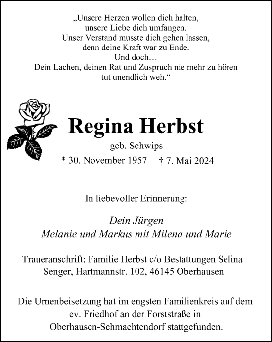 Traueranzeige von Regina Herbst von Tageszeitung