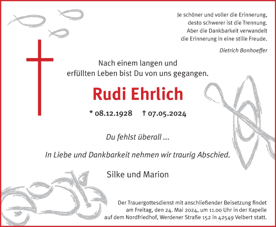 Traueranzeige von Rudi Ehrlich von Tageszeitung
