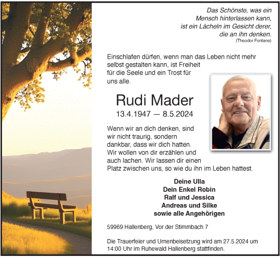 Traueranzeige von Rudi Mader von Tageszeitung