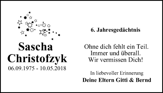 Traueranzeige von Sascha Christofzyk von Tageszeitung