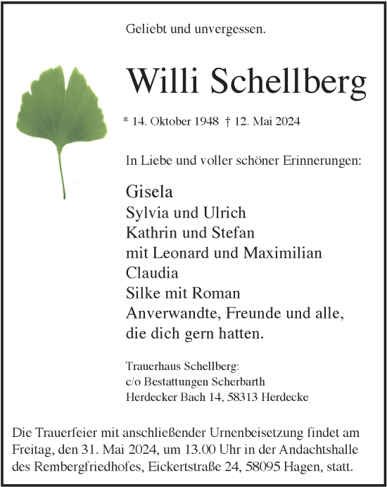 Traueranzeige von Willi Schellberg von Tageszeitung