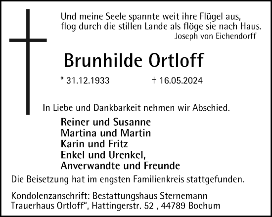 Traueranzeige von Brunhilde Ortloff von Tageszeitung