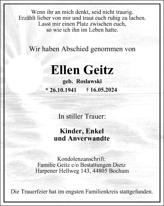Traueranzeige von Ellen Geitz von Tageszeitung