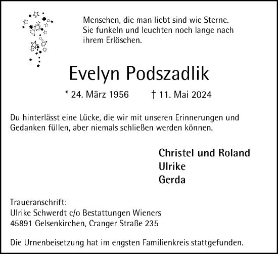 Traueranzeige von Evelyn Podszadlik von Tageszeitung