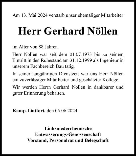 Traueranzeige von Gerhard Nöllen von Tageszeitung