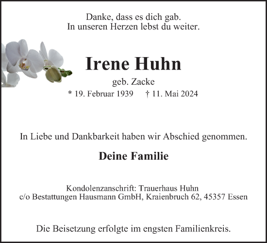 Traueranzeige von Irene Huhn von Tageszeitung