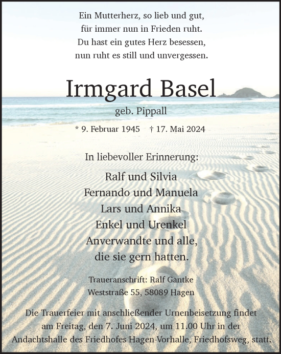 Traueranzeige von Irmgard Basel von Tageszeitung