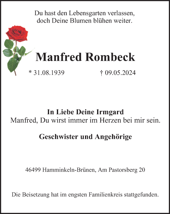 Traueranzeige von Manfred Rombeck von Tageszeitung