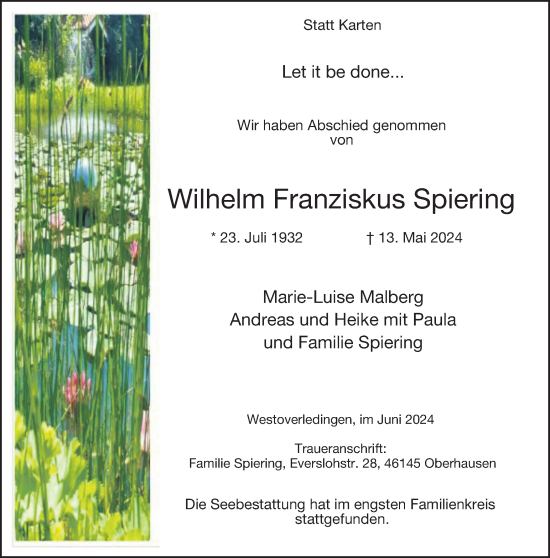 Traueranzeige von Wilhelm  Spiering von Tageszeitung