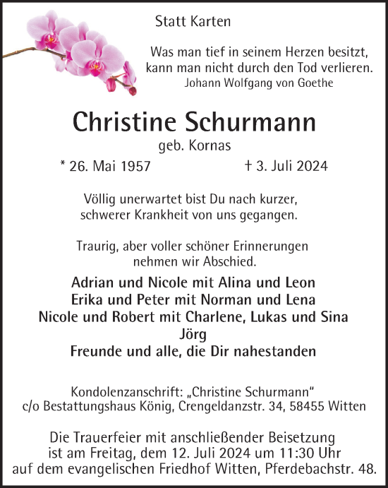 Traueranzeige von Christine Schurmann von Tageszeitung