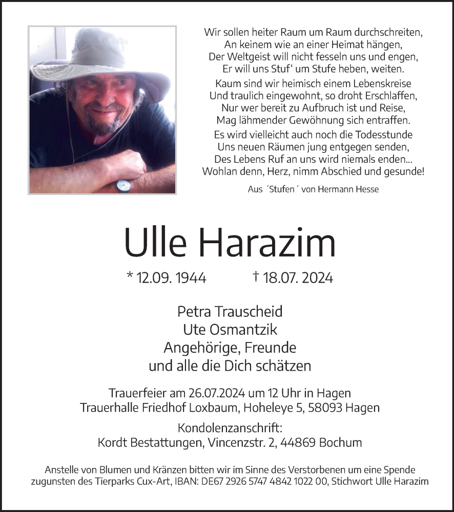  Traueranzeige für Ulle Harazim vom 20.07.2024 aus Tageszeitung