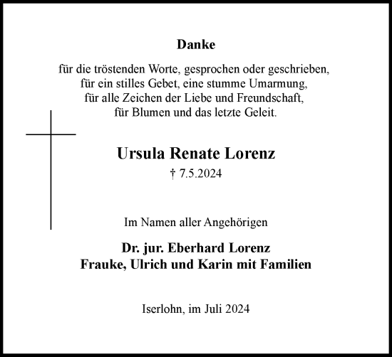 Traueranzeige von Ursula Renate Lorenz von Tageszeitung