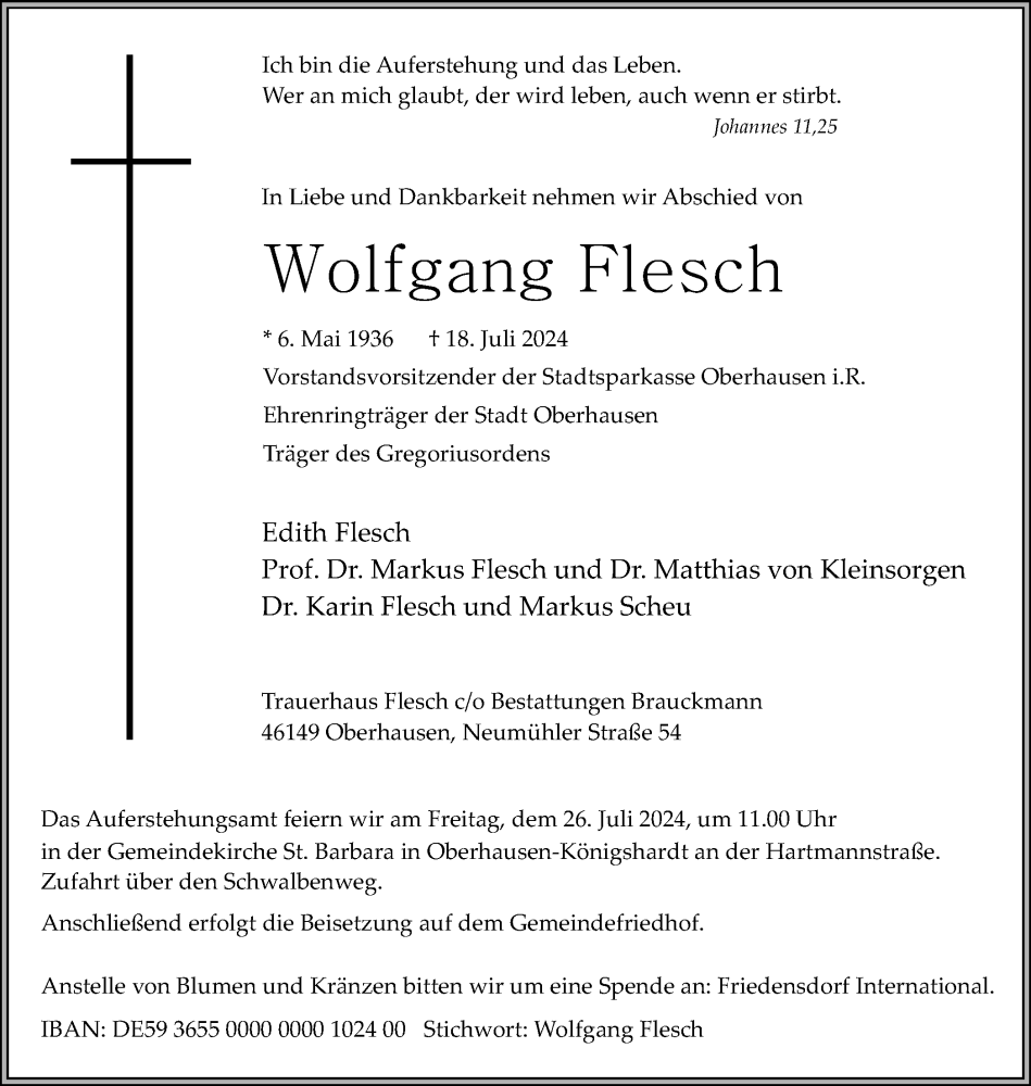  Traueranzeige für Wolfgang Flesch vom 23.07.2024 aus Tageszeitung