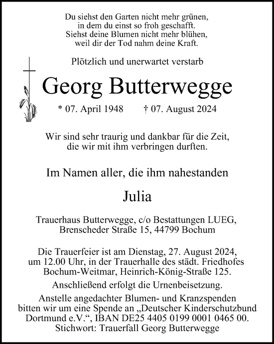 Traueranzeige von Georg Butterwegge von Tageszeitung