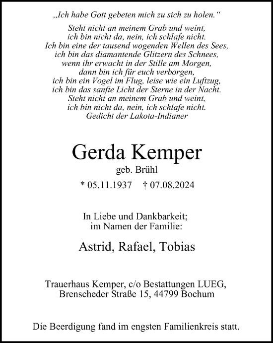 Traueranzeige von Gerda Kemper von Tageszeitung