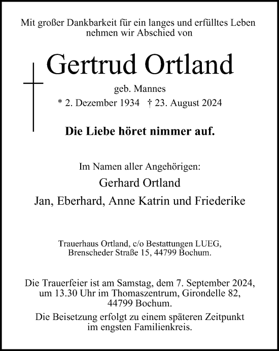 Traueranzeige von Gertrud Ortland von Tageszeitung