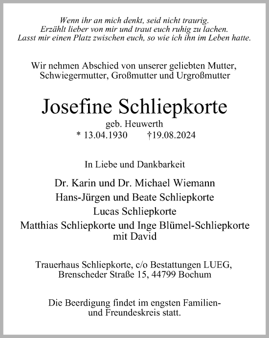 Traueranzeige von Josefine Schliepkorte von Tageszeitung