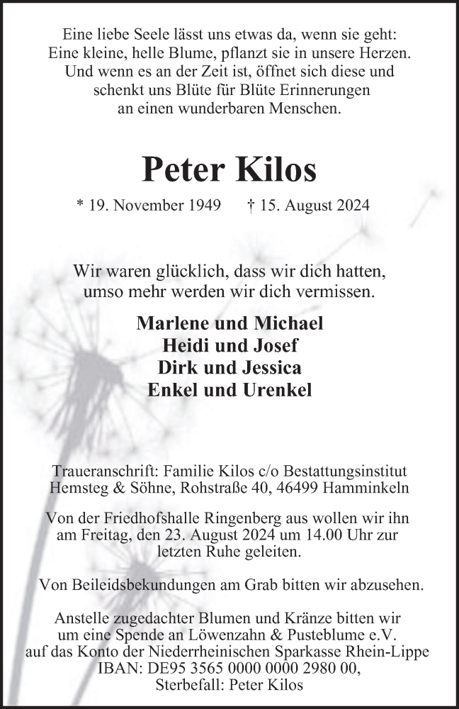  Traueranzeige für Peter Kilos vom 22.08.2024 aus Tageszeitung