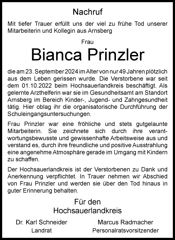  Traueranzeige für Bianca Prinzler vom 28.09.2024 aus Tageszeitung