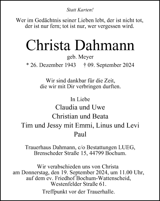 Traueranzeige von Christa Dahmann von Tageszeitung