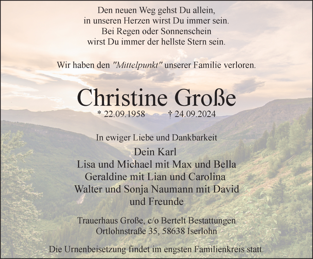  Traueranzeige für Christine Große vom 28.09.2024 aus Tageszeitung