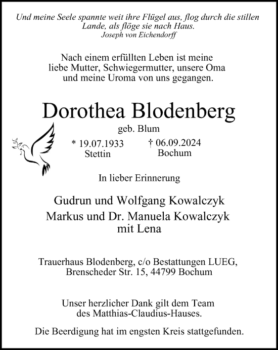 Traueranzeige von Dorothea Blodenberg von Tageszeitung