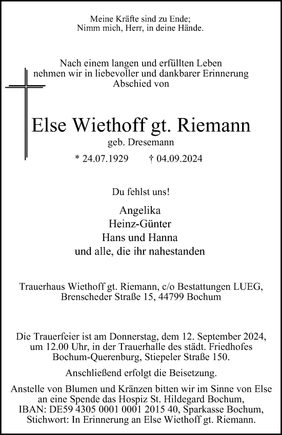 Traueranzeige von Else Wiethoff von Tageszeitung