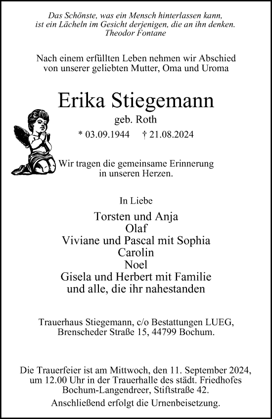 Traueranzeige von Erika Stiegemann von Tageszeitung