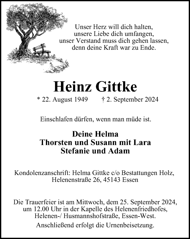  Traueranzeige für Heinz Gittke vom 21.09.2024 aus Tageszeitung