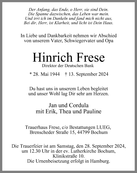 Traueranzeige von Hinrich Frese von Tageszeitung