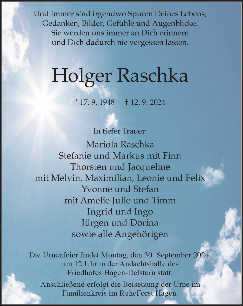  Traueranzeige für Holger Raschka vom 21.09.2024 aus Tageszeitung