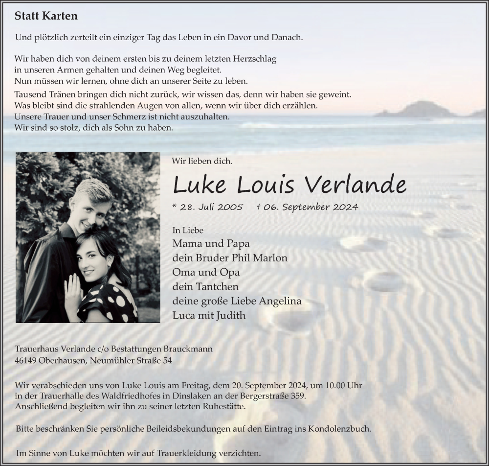  Traueranzeige für Luke  Verlande vom 14.09.2024 aus Tageszeitung