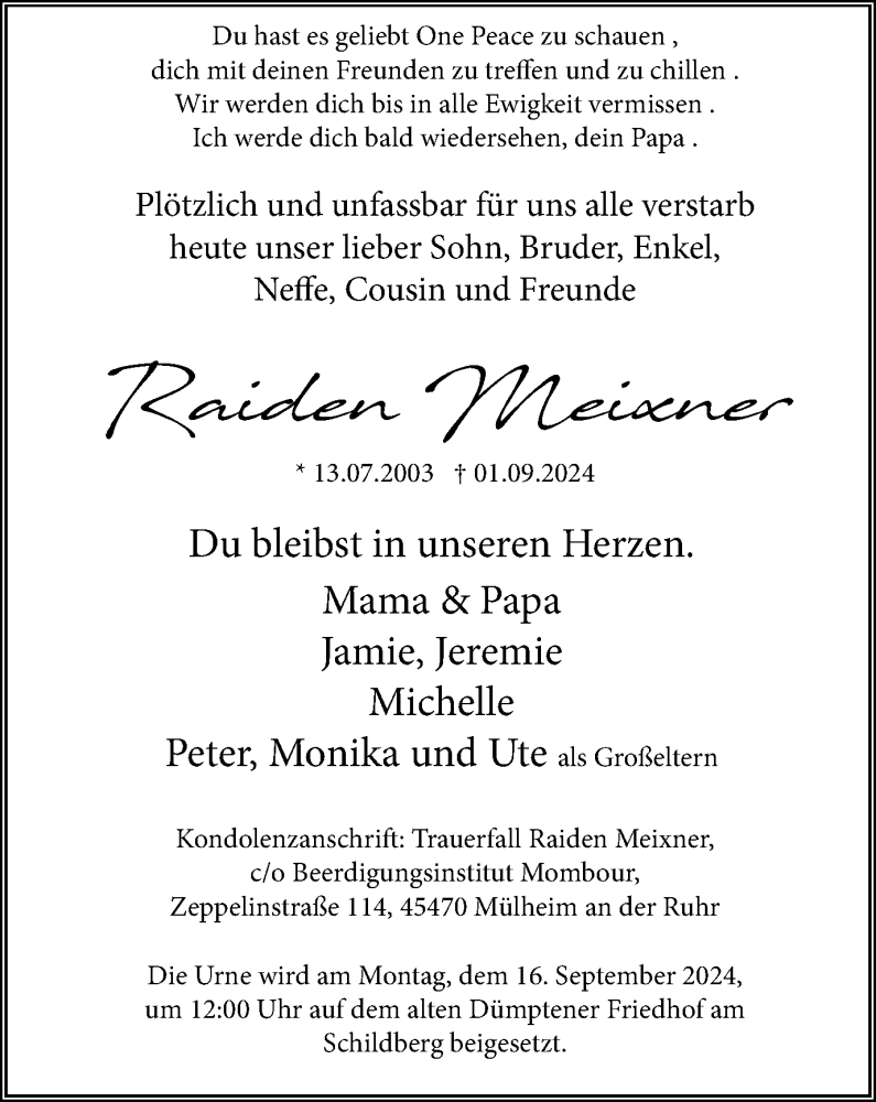  Traueranzeige für Raiden Meixner vom 14.09.2024 aus Tageszeitung