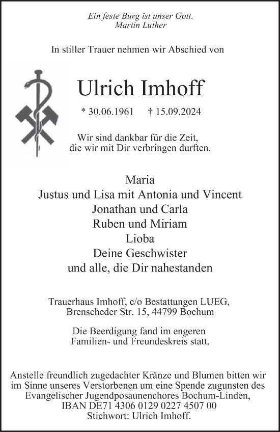 Traueranzeige von Ulrich Imhoff von Tageszeitung