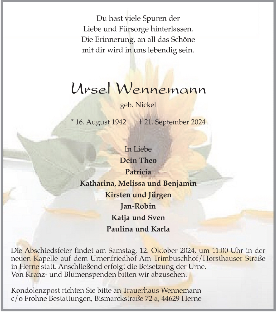  Traueranzeige für Ursel Wennemann vom 28.09.2024 aus Tageszeitung