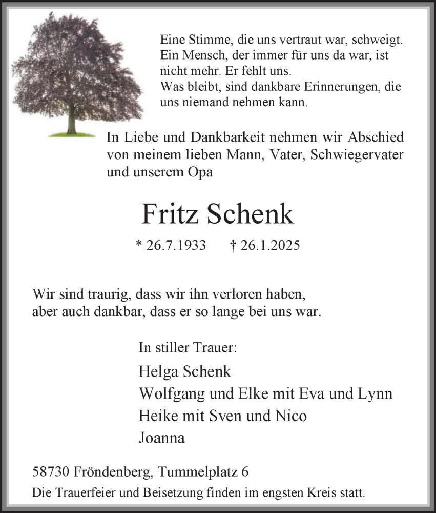  Traueranzeige für Fritz Schenk vom 01.02.2025 aus Tageszeitung