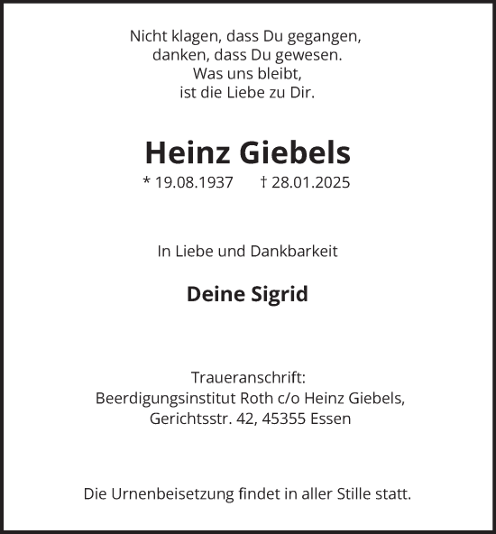 Traueranzeige von Heinz Giebels von Tageszeitung