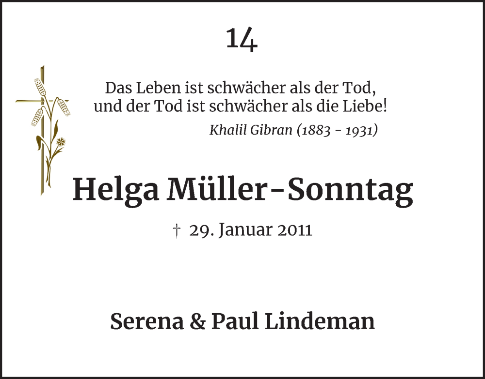  Traueranzeige für Helga Müller-Sonntag vom 01.02.2025 aus Tageszeitung