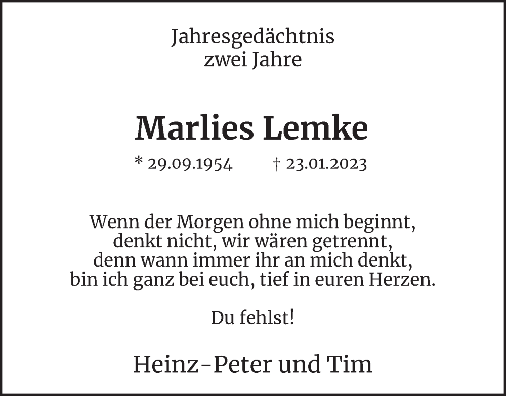  Traueranzeige für Marlies Lemke vom 23.01.2025 aus Tageszeitung