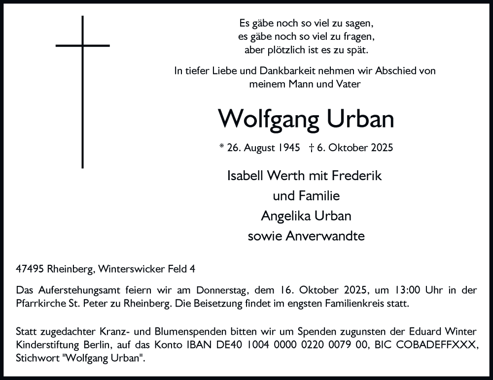  Traueranzeige für Wolfgang Urban vom 11.10.2025 aus Tageszeitung