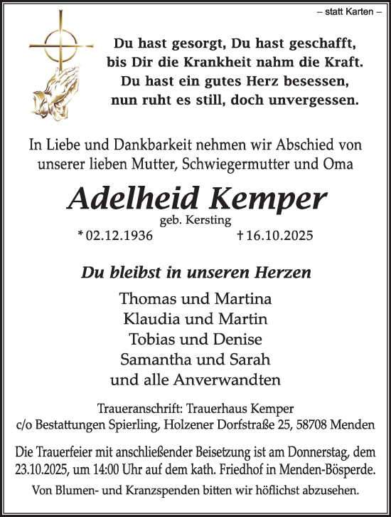 Traueranzeige von Adelheid Kemper von Tageszeitung