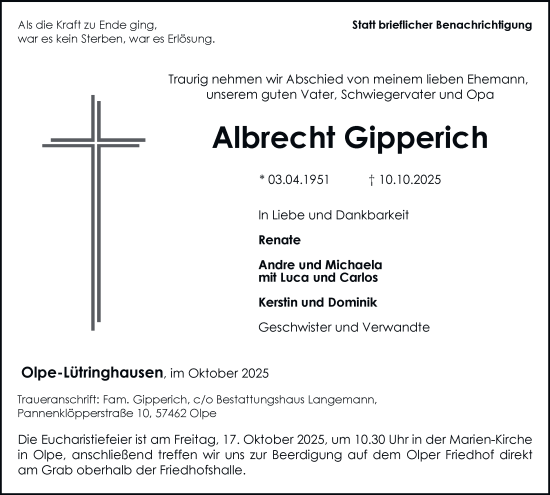 Traueranzeige von Albrecht Gipperich von Tageszeitung