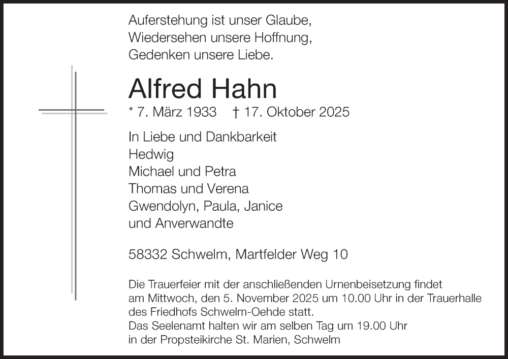  Traueranzeige für Alfred Hahn vom 31.10.2025 aus Tageszeitung