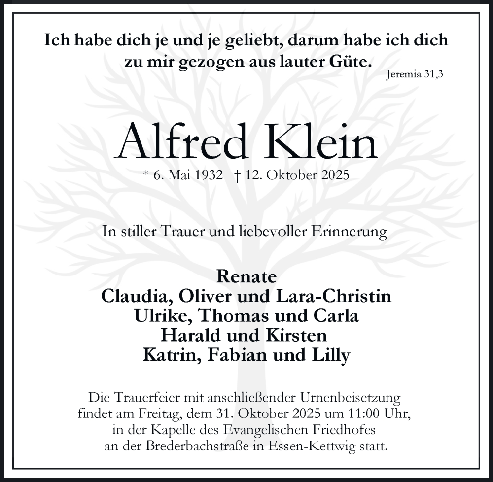  Traueranzeige für Alfred Klein vom 25.10.2025 aus Tageszeitung